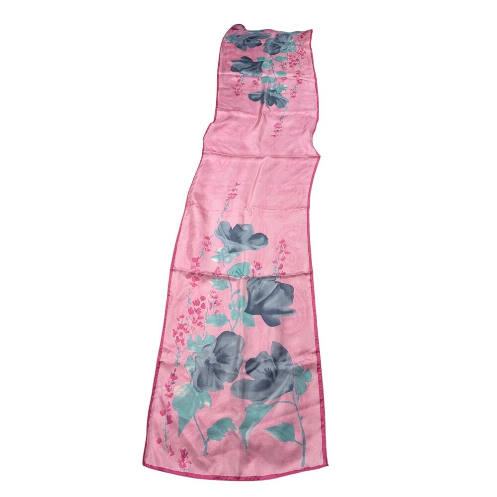 VTG Vera Neumann pink blue silk floral long scarf. 54 x 11. vintage, headscarf